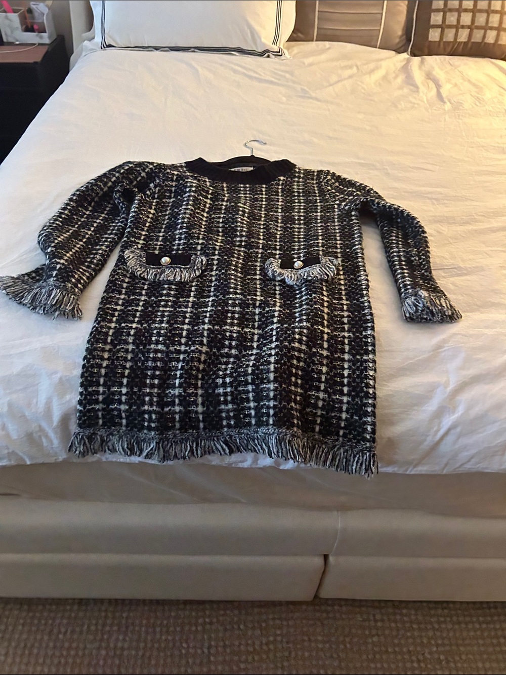 Black and White Tweed Fringe mini  Knit Dress